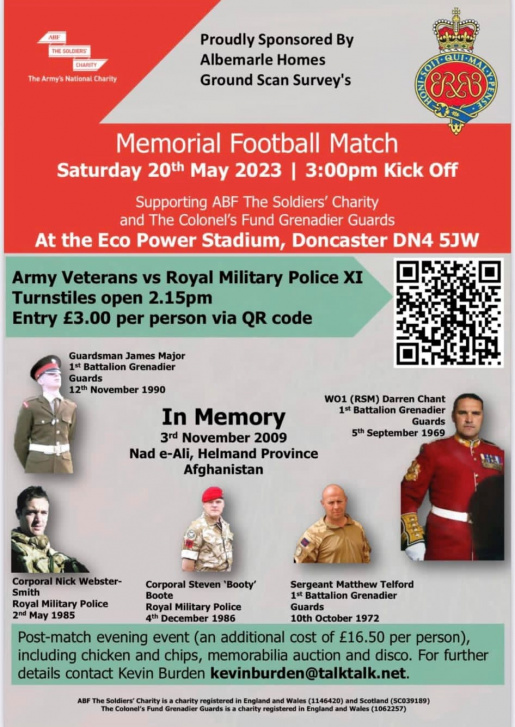 Army Veterans vs RMP XI Memorial Football Match Saturday 20th May 2023, Doncaster